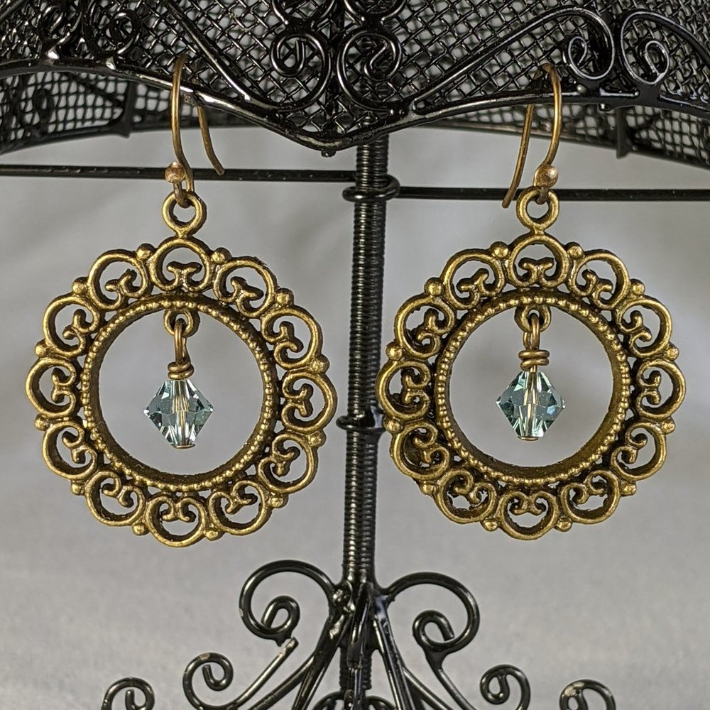 Handcrafted bronze earrings with genuine Indian Sapphire Swarovski crystal. New!